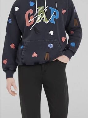 GAP x Sean Witherspoon distressed Navy Hoodie with Multicolor embroidered Prints